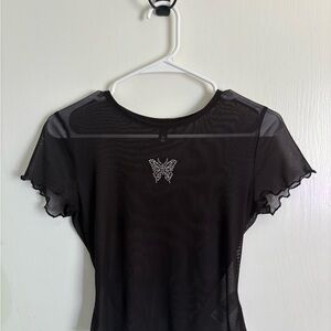 Black Mesh Top with Butterfly Detail